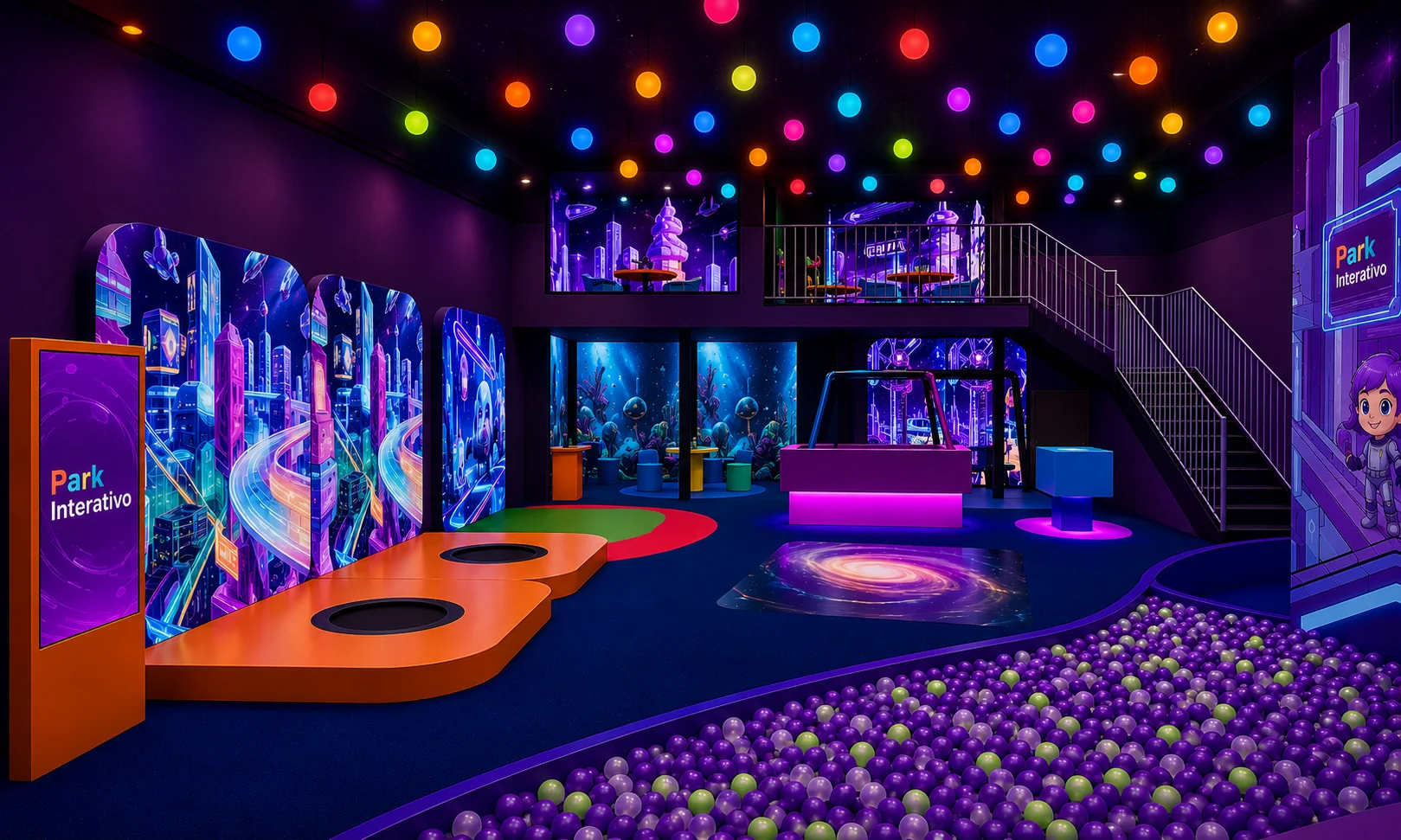 Interior do ParkInterativo com ambiente de festa e tecnologia