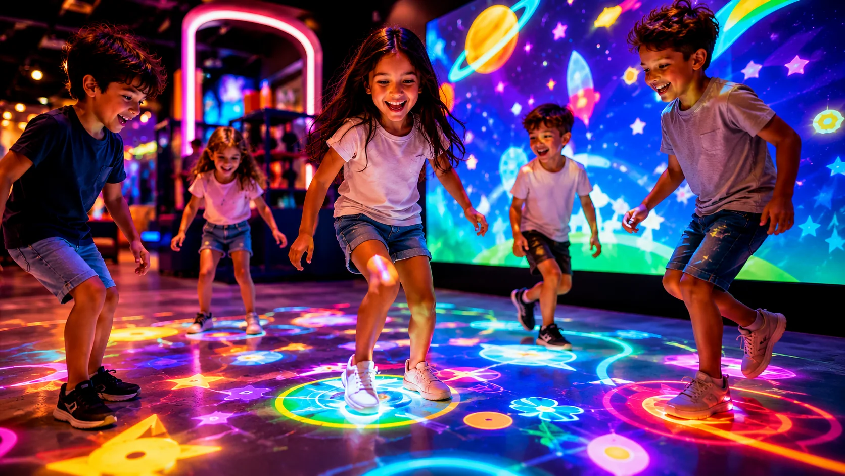 Crianças brincando em projeções interativas